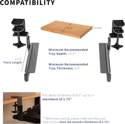VIVO Height Adjustable Clamp and 12 inch Rail Set for DIY Custom Wooden Keyboard Trays (Tray Not Included), Under Desk Pull Out Slider Track with C-clamp Mount System, Black, MOUNT-RAIL02H