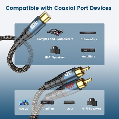 EMK RCA Splitter 2 Male to Female Extension Cable Dual Shielding Gold Plated Nylon Braided RCA Splitter 1 Female to 2 Male Cord Adapter 1ft/30CM