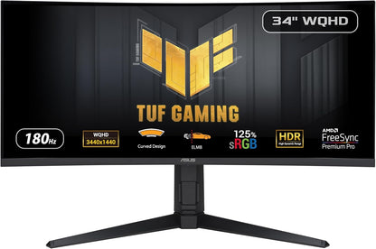 ASUS TUF Gaming 34” 1440P 1500R Curved Monitor (VG34VQL3A) - QHD (3440 x 1440), 180Hz, 1ms, Extreme Low Motion Blur, Freesync Premium Pro, 125% sRGB, DisplayHDR 400, Height Adjustable, 3 year warranty