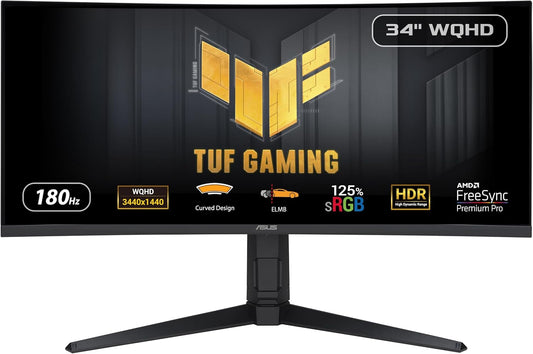 ASUS TUF Gaming 34” 1440P 1500R Curved Monitor (VG34VQL3A) - QHD (3440 x 1440), 180Hz, 1ms, Extreme Low Motion Blur, Freesync Premium Pro, 125% sRGB, DisplayHDR 400, Height Adjustable, 3 year warranty