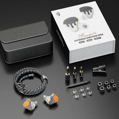 BASN BmasterX in Ear Audio Monitor, Hybrid 6 Drivers IEM Earphones with Crystal Clear Sound, Detachable Cable Plus Carrying Case & Fit Kit for Musician, Stage, Studio (3.5mm/4.4mm Jack, Orange/Black)