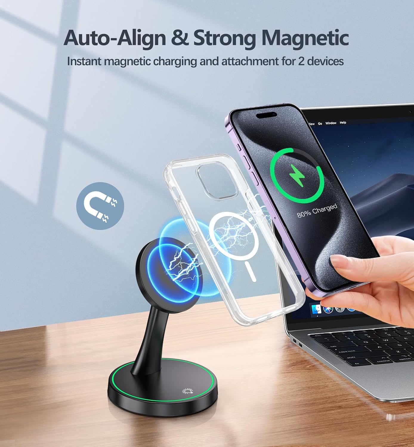 Magnetic Wireless Charger Stand 15W Fast Mag-Safe Charger for iPhone 16/16 Pro/16 Plus/16 Pro Max/15/14/13/12 Series Magnet Wireless Charging Station/Pad with Sleep-Friendly Light for AirPods