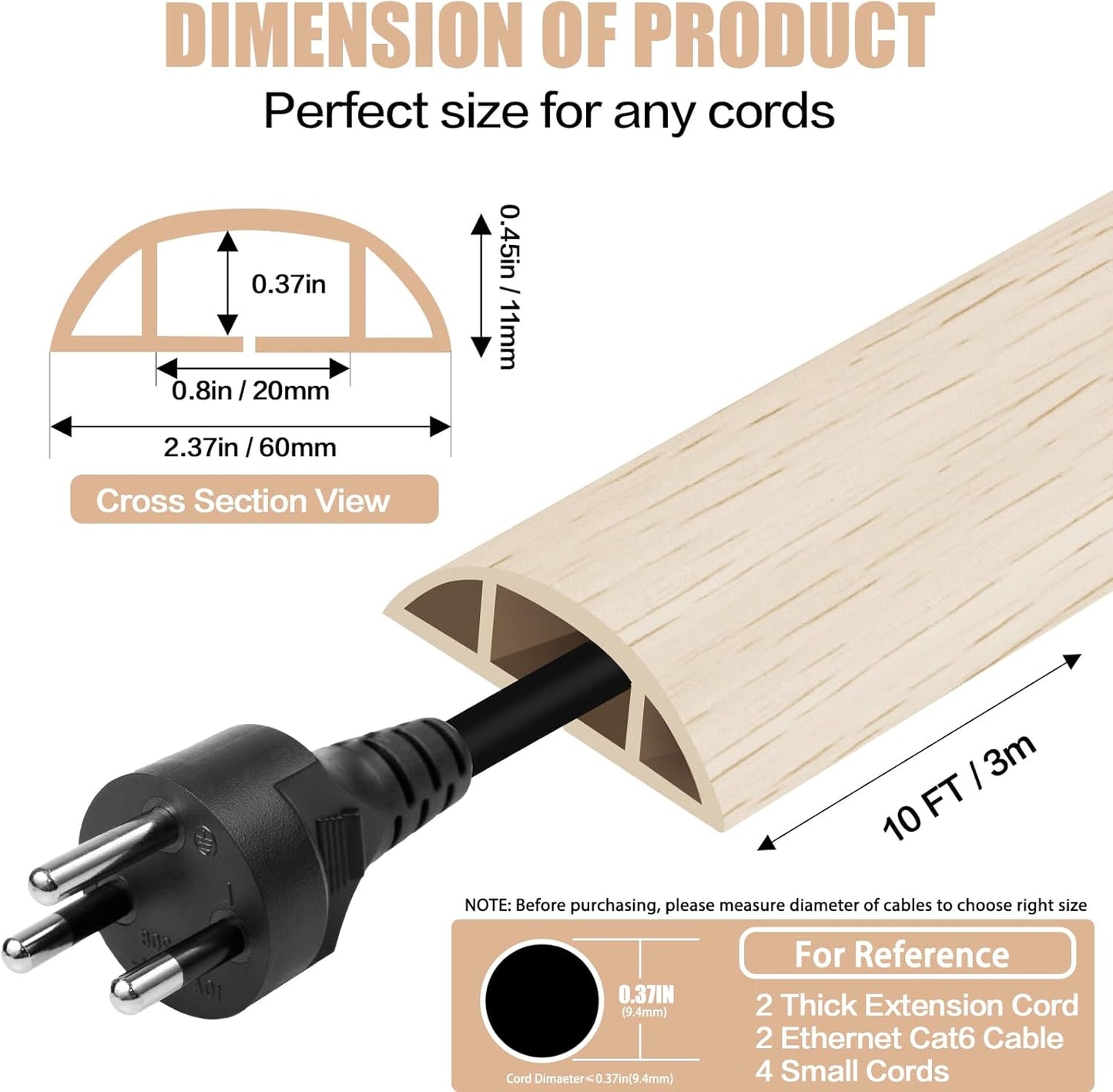 Floor Cord Cover Cavity 0.8"x0.37" Self Adhesive Cord Hider, 10FT Low Profile Cable Management, Extension Strip Protector for Wires, Prevent Cable Trips for Offices, Gyms, Exhibitions (Yellow Wood