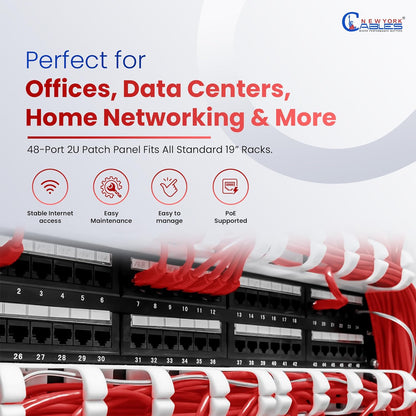 NewYork Cables 48 Port Cat6 Patch Panel – 10Gb Ethernet, 2U Rackmount 19-Inch, Color-Coded T568A/B Labels, Unshielded, 110/Krone Compatible, Black