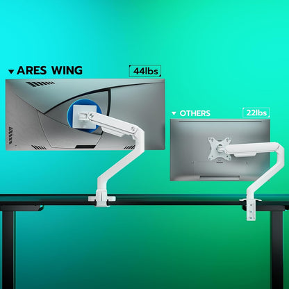 ARES WING Ultrawide Monitor Arm White for 17 to 49 Inch Heavy Duty Curved Screen, Holds 44 Lbs, Adjustable Gas Spring Monitor Arm Desk Mount with C Clamp, Grommet Base, 75/100 Vesa Mount