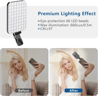 60 LED Portable Selfie Light Video Conference Lighting with Clip & Camera Tripod Adapter Rechargeable 2200mAh CRI 97+, 3 Light Modes for Phone iPhone Webcam Laptop Photo Makeup