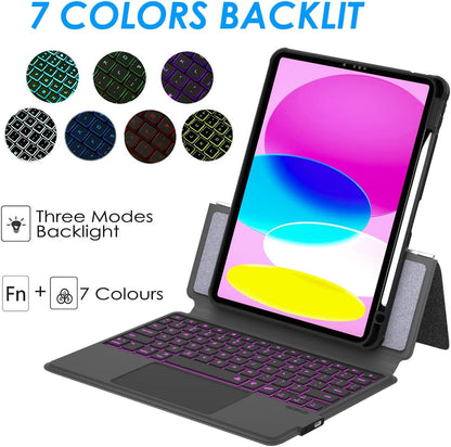 Keyboard Case for iPad 10th 10.9" 2022,iPad 11" A16 11th 2025-7 Color Backlight,Touchpad Detachable Slim Cover with Pencil Holder (Black)