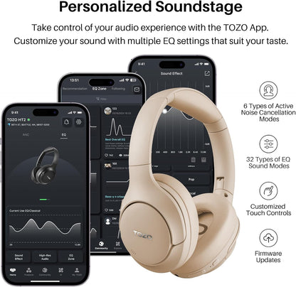 TOZO HT2 Hybrid Active Noise Cancelling Headphones, Wireless Over Ear Bluetooth Headset, 60H Playtime, Hi-Res Audio Custom EQ via App Deep Bass Comfort Fit Ear Cups, for Home Office Travel Khaki