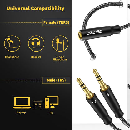 3.5mm Headset Splitter for PC 2 Pack, Crystal-Nylon Braid Female to Dual 3.5mm TRS Male Headphone Mic Splitter Audio Y Cable, CTIA Gaming Headset to PC Adapter - Matte Black 0.3M…
