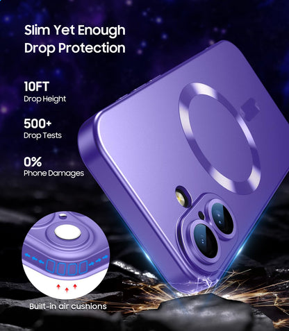 Magnetic for iPhone 16 Plus Case [Compatible with MagSafe][Built-in Camera Lens Protector] Slim Soft Silicone Bumper Shockproof Metallic Luster Phone Case (Purple)