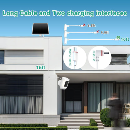 Solar Panel for Ring Camera, 8W High - Efficiency Solar Charger Compatible with Stick Up Cam & Ring Spotlight Cam (Battery) - Waterproof, 16ft Long Cable, DC3.5mm & USB C Ports, White