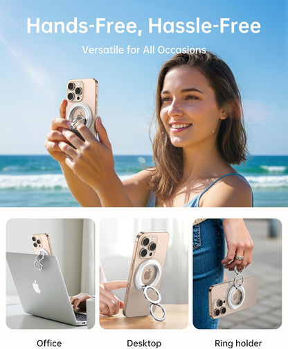 SYNCWIRE Phone Ring Holder Grip for MagSafe, 360° Rotation Magnetic Cell Phone Grip Stand Two-Sided Magnetic Compatible with iPhone 16 15 14 13 12 Pro Max fits MagSafe Accessories - White