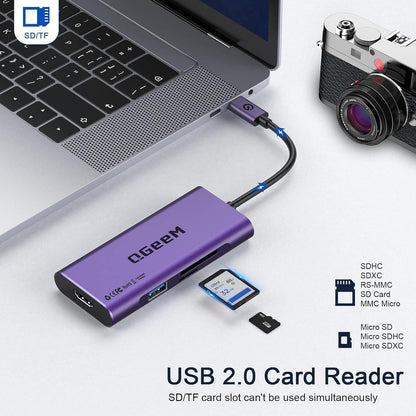 USB C Hub, QGeeM USB 4k to HDMI Adapter, 7 in 1 USB-C Dongle with 100W PD,USB 3.0, Card Reader, Compatible for MacBook iPhone 15/16 Ipad Pro max,Chromebook Laptop USB Type C Dock-Purple