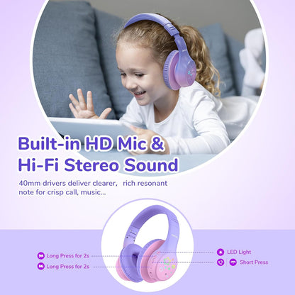 EarFun K4 Kids Bluetooth Headphones, Wireless Headphones with LED Lights, 74/85/94dBA Volume Limited, Built-in Mic, 90H Playtime, Bluetooth 5.4 Over Ear Headphone for iPad/Tablet/School, Violet