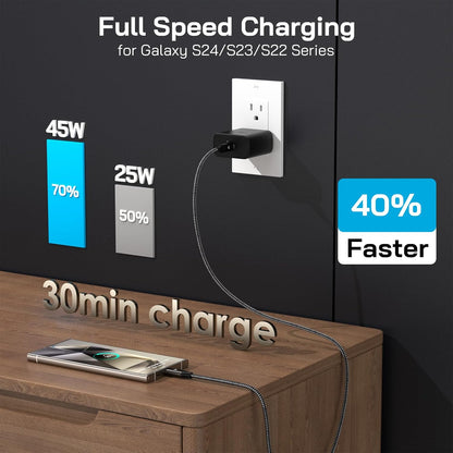 45W Super Fast Charger USB C, 45 Watt Type-C Android Phone Charger Fast Charging Block with 3X 6.6FT Type C Cords for Samsung Galaxy S25 Ultra/S24 Ultra/S24+/S23 Ultra/S23+/S22 Plus, Tab S9/S8 Ultra