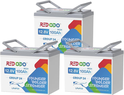 Redodo 3 Pack 12V 100Ah Group 24 Lithium Battery, 1280Wh Deep Cycle with 100A BMS, 4000+ Cycles Lithium Rechargable Battery for All RVs, Van, Camper, Solar Power Storage, Off-Grid