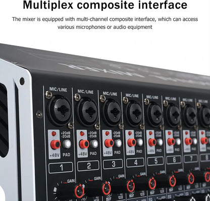 W IN-MIX DX16 Professional DJ Audio Mixer 16 Channel with 99 DSP Effects,7-band EQ,Independent 48V Phantom Power&Mute Button,Bluetooth Function,USB Interface Recording For Studio & Stage