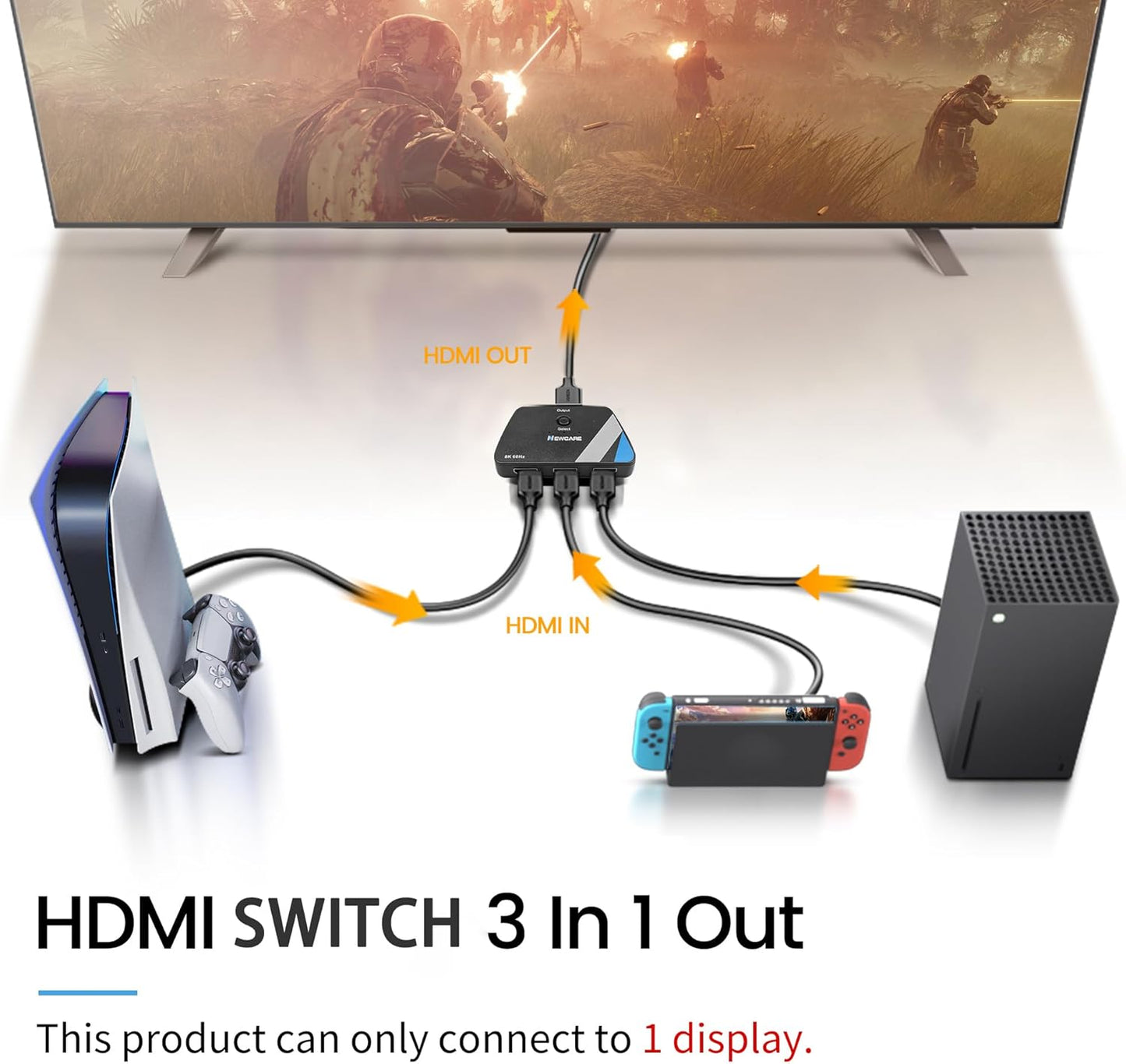 [Upgrade] HDMI Switch 3 in 1 Out, 4K@60Hz HDMI 2.0 Switch Splitter with 2.6FT Long HDMI Cable, 3-Port HDMI Switcher Selector, Supports 4K 30Hz 3D 1080P HDCP2.2 for PS5 Xbox DVD Player Fire Stick PC