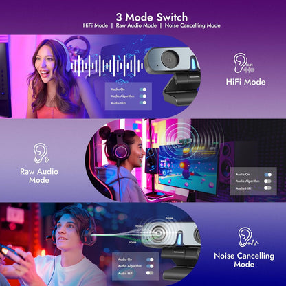 ROCWARE RC28 Webcam with Cardioid & Omnidirectional Microphone | HiFi Mode for Studio-Quality Audio, AI Noise Cancellation & Raw Audio Modes | 1080P 60FPS Web Cam for Streaming/Meetings/Beginners