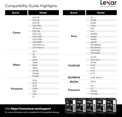Lexar 1TB Professional Silver SD Card, UHS-I, C10, U3, V30, 4K, Up to 205/140 MB/s SDXC Memory Card, for Professional Photographer, Videographer, Enthusiast (LSDSILV001T-BNNNU)