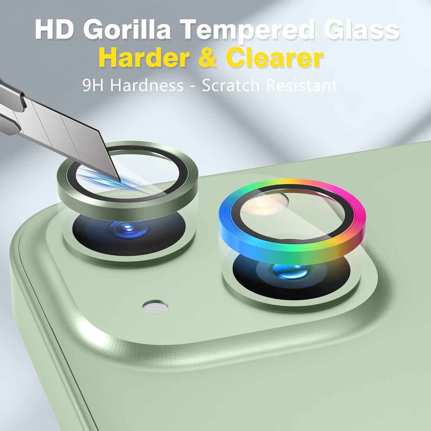 AGVEE 3+3 6 Pack for iPhone 15 6.1" / 15 Plus 6.7" Camera Lens Cover Protector, Metal Ring 9H Tempered HD Glass Camera Cover Protector Film, Green