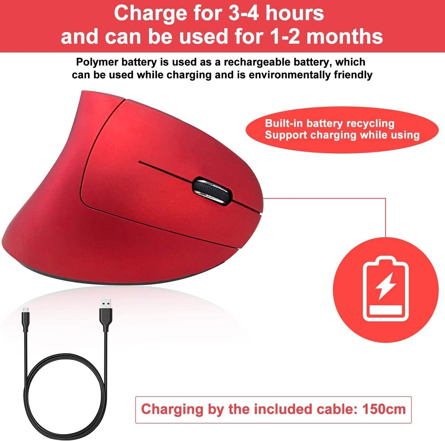 Vassink Ergonomic Rechargeable Wireless Mouse, 2.4Hz Rechargeable Wireless Vertical Optical Mice with USB Receiver, 6 Buttons, 800/1200/1600 DPI RED
