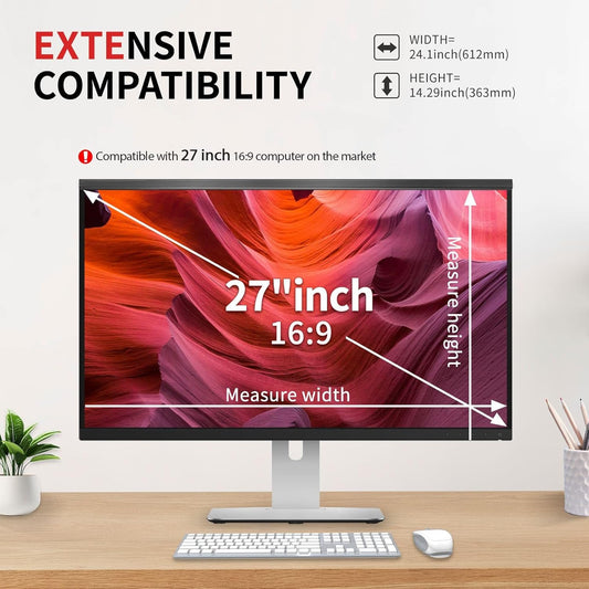 Magnetic 27 Inch Computer Privacy Screen Filter, Hanging Computer Screen Privacy Shield for 16:9 Monitor Removable Anti Blue Light Glare Eye Protection