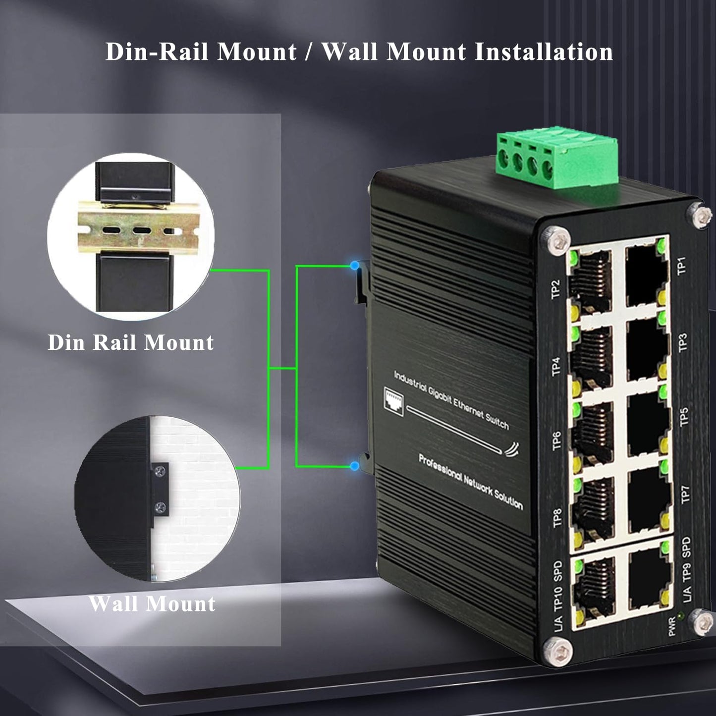 10-Port Gigabit Ethernet Switch,Industrial Design with Rugged Metal Case, Plug and Play, Full-Duplex Fast Ethernet Connectivity, Unmanaged Gigabit Switch, Compact Mini Size, Din-Rail or Wall Mount