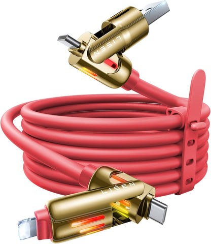LISEN 240W Chubby USB C to USB C, 4 in 1 Charging Cable (6.6FT) with Light, USB A/C to C/L Multi Charging Cable for iPhone 16 15 14 Pro Max/MacBook/iPad Pro/SamSungS24,Red