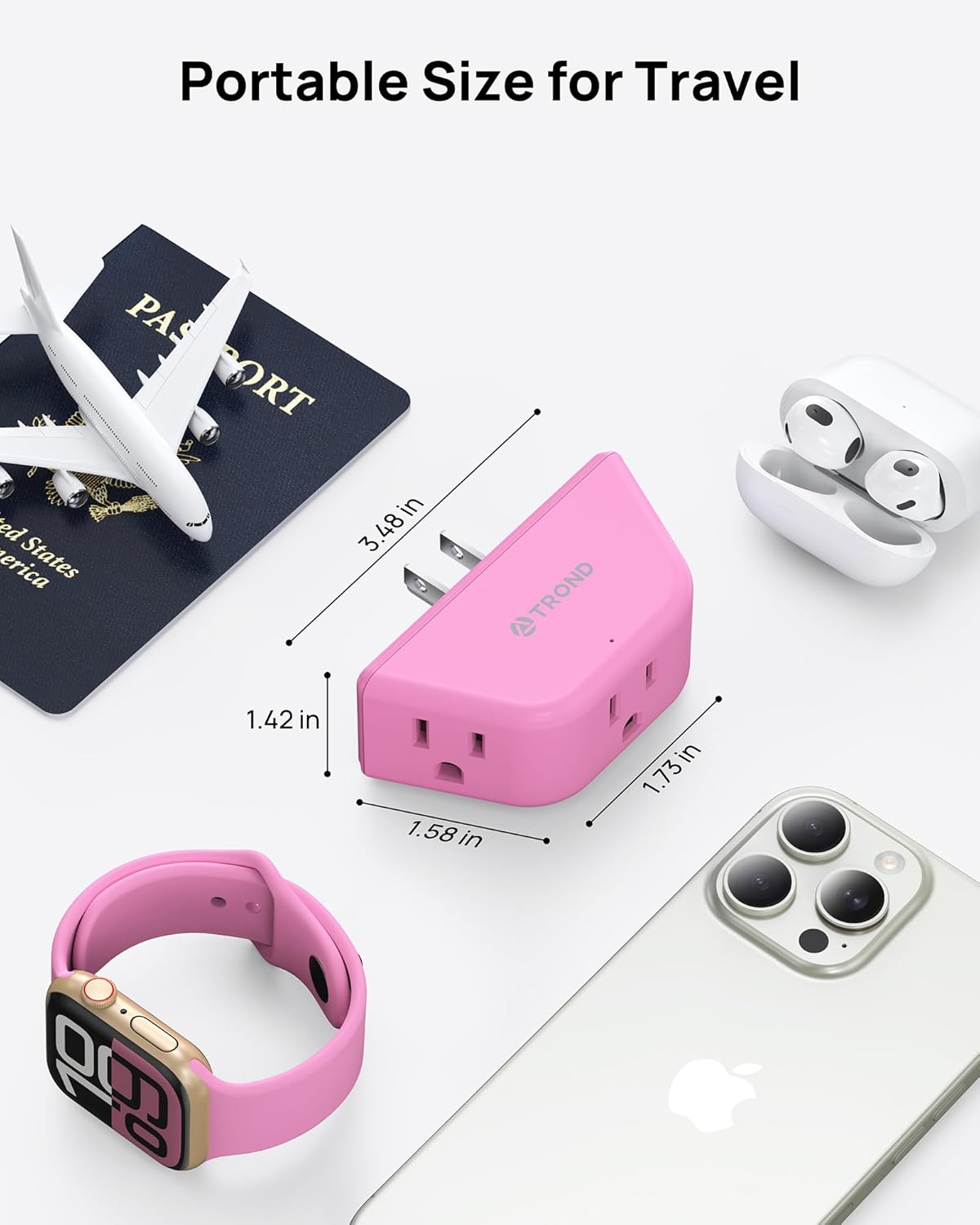 TROND Pink Outlet Extender - Multi Plug Outlet with 3-Prong Grounded Sockets, 3 Way Angled Plug Splitter, Compact and Practical Multiple Wall Expander for Home Travel Cruise Dorm Essentials