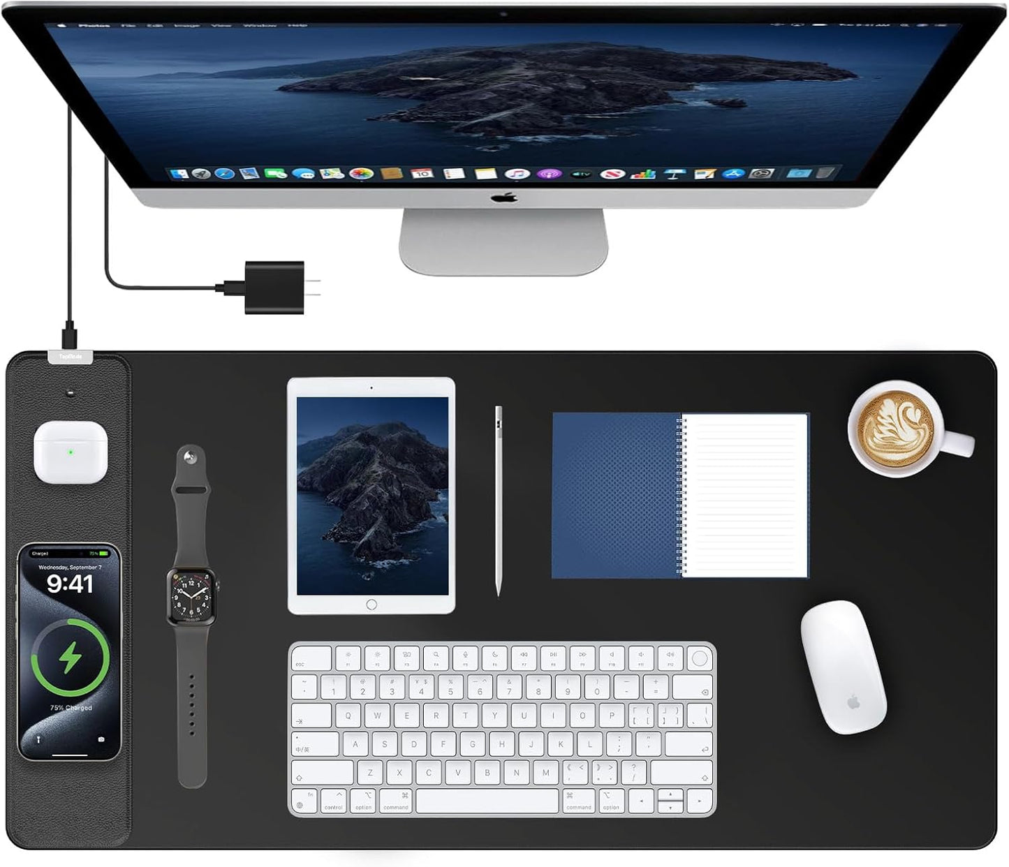 TopMade Mouse Pad with 15W Fast Wireless Charging, 31.5"x15.75" XXL Large Gaming Mousepad, Waterproof Desk Pad, Computer Desk Mat, Black(Includes 20W PD Power Adapter & 6.56ft Woven Cable)