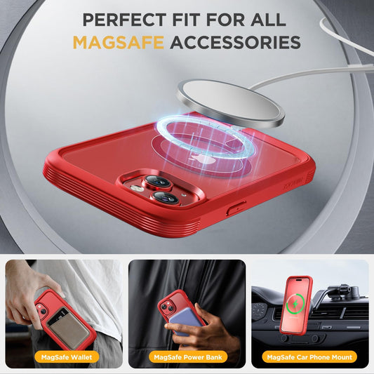 Miracase Magnetic for iPhone 14 Case 6.1", [Built-in Tempered Glass Screen Protector + Lens Protector] [Compatible with MagSafe] Full-Body Protective Bumper 14 Phone Cover, Red