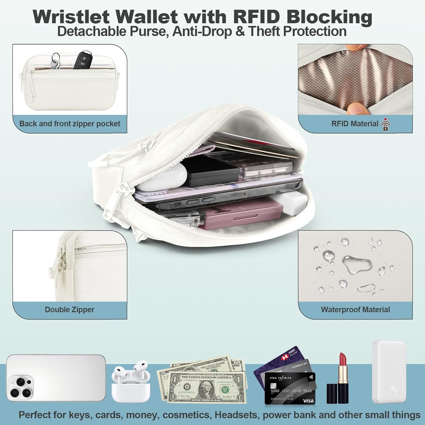 Clip and Go Strap for Phone with Wallet Crossbody, Adjustable Phone Lanyard with Detachable RFID Wristlet Wallet, Pattern Strap - Cream&Silver (L)