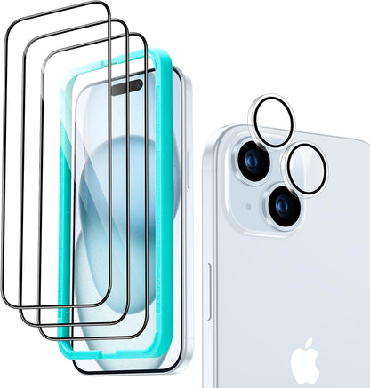 ESR 3+1 Pack for iPhone 15 Screen Protector, 3 Tempered-Glass Screen Protector and 1 Set Camera Lens Protector, 2.5D Curved Edges, Full-Coverage Military-Grade Protection, Scratch Resistant