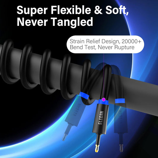 Elecan Mini Toslink to Toslink Digital Optical S/PDIF Audio Cable 50 Ft, Gold Plated Soft Flexible Fiber Optic Cable,Signal Protection PVC,Surround Sound for Soundbar,Home Theater,Hi-Fi System+Ties MI