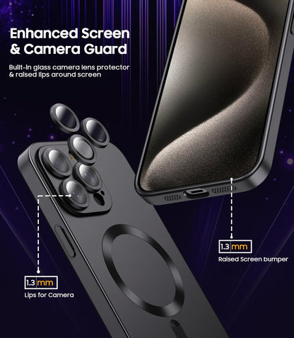 Magnetic for iPhone 15 Pro Max Case [Compatible with MagSafe][Built-in Camera Lens Protector] Slim Soft Silicone Bumper Shockproof Metallic Luster Phone Case (Black)