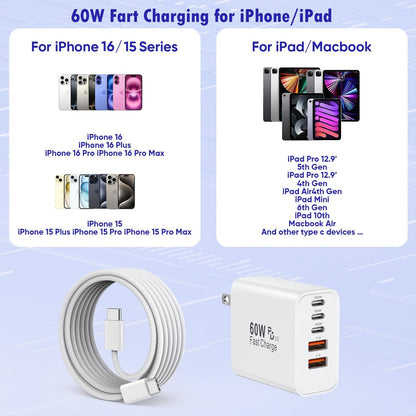 iPhone 16 Fast Charger Block, 2 Pack 60W USB Charging Block 5-Port Charge Adapter for Apple iPhone Charger with 6FT USB C Woven Fast Charging Cable for iPhone16/16e/16 Pro/15Pro Max, iPad Pro/Air/Mini