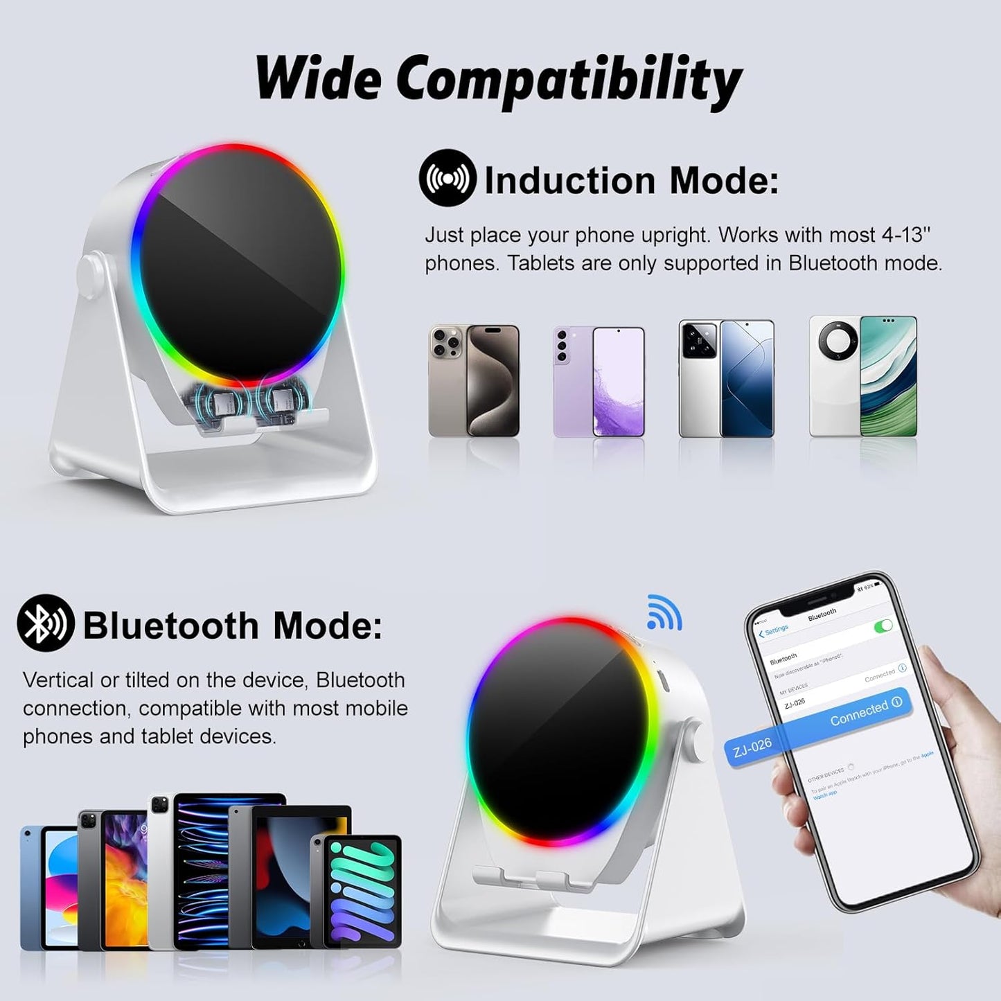 Wireless Induction Speaker, 4 in 1 Bluetooth Speaker Phone Stand with RGB Light, 360° Rotation Phone Holder Compatible with iPhone Android iPad Samsung Galaxy, Birthday Gift for Men Women