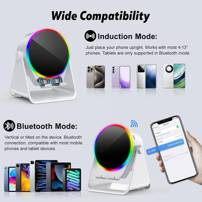 Wireless Induction Speaker, 4 in 1 Bluetooth Speaker Phone Stand with RGB Light, 360° Rotation Phone Holder Compatible with iPhone Android iPad Samsung Galaxy, Birthday Gift for Men Women