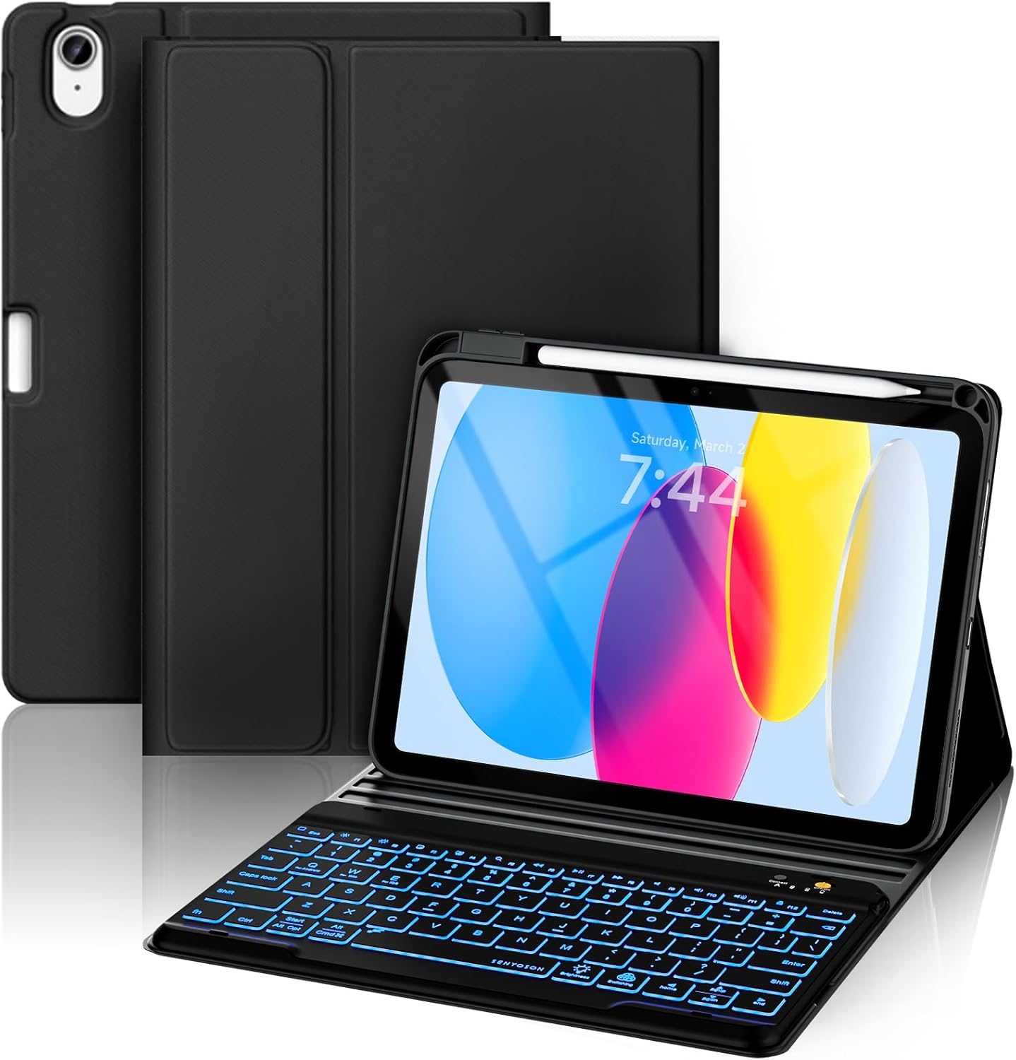 BLUTLOTUS for iPad 11th A16 10th Generation Case with Keyboard - 7 Colors Backlit Wireless Detachable Folio Keyboard Cover with Pencil Holder for iPad 11'' A16 2025 10th Gen 10.9 Inch 2022 (Black)