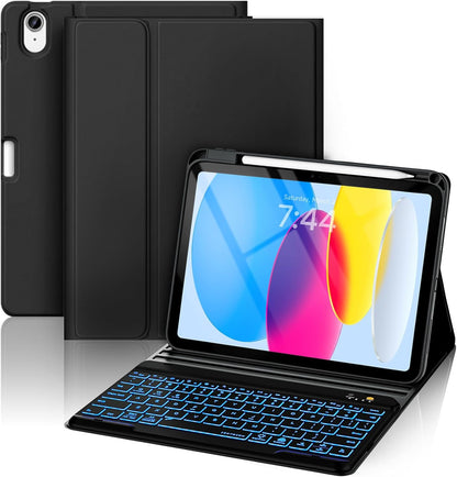 BLUTLOTUS for iPad 11th A16 10th Generation Case with Keyboard - 7 Colors Backlit Wireless Detachable Folio Keyboard Cover with Pencil Holder for iPad 11'' A16 2025 10th Gen 10.9 Inch 2022 (Black)