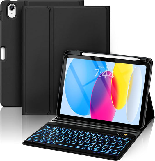 BLUTLOTUS for iPad 11th A16 10th Generation Case with Keyboard - 7 Colors Backlit Wireless Detachable Folio Keyboard Cover with Pencil Holder for iPad 11'' A16 2025 10th Gen 10.9 Inch 2022 (Black)