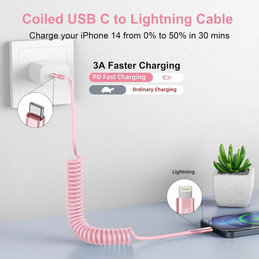 KIYODA USB C to Lightning Cable 3FTfor Car, Coiled iPhone Charger Fast Charging Short USBC Lightning iPhone Cord for iPhone14/13/12/11 Pro Max/iPad/CarPlay- 2Pack Pink