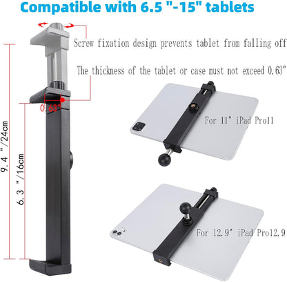 Aluminum Heavy Duty Drill Base Car Tablet Mount for 6.5"-12.9" Tablets/iPad Pro/Mini/Samsung Tab/Surface, 360° Adjustable 2-Stage Tablet Holder for Truck, Business Vehicle, Desktop, Wall, etc.