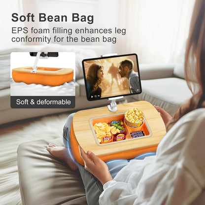 Lap Beanbag Tablet Pillow Stand with Snack Bowl and 360° Rotating Arm, Adjustable iPad Holder for Bed, Couch, and Recliner, Compatible with 4.7"-13" Kindle, iPad, Tablet, Phone,Orange