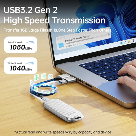 PHIXERO P10PRO External NVMe SSD 256GB, Up to 1050MB/s, USB 3.2 Gen2, Includes 2-in-1 USB C Cable, Portable Hard Drive for iPhone 15+/Android/Windows/Mac, White