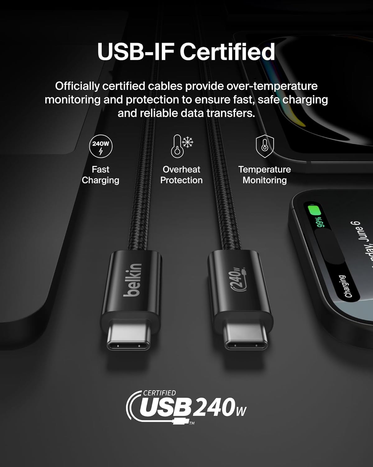 Belkin USB C to USB C Cable 2-Pack, 6.6ft, 240W - Type C Charger, iPhone Charger Cord, Soft, Braided, Flexible for iPhone 17, Galaxy S25, Pixel 10, MacBook, Chromebook, iPad Pro, Switch – Black