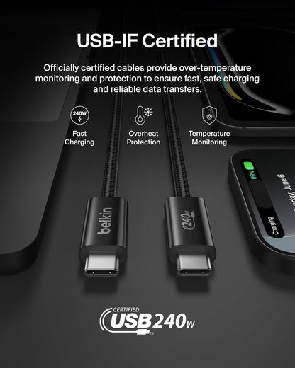 Belkin USB C to USB C Cable, 9.9ft, 240W - Type C Charger, iPhone Charger Cord, Soft, Braided, Flexible for iPhone 17, Galaxy S25, Pixel 10, MacBook, Chromebook, iPad Pro, Switch Steam Deck – Black