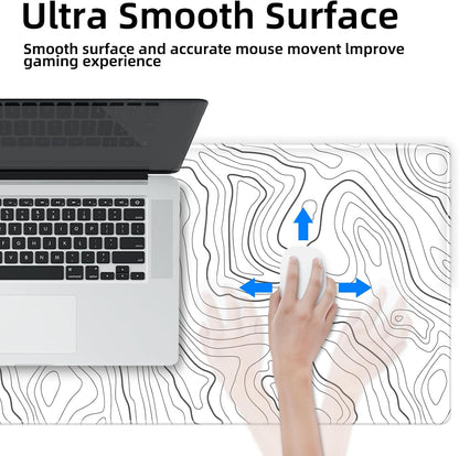 Gaming Mouse Mat Forest Background Pattern XXL XL Large Mouse Mat Long Extended Mouse Pad Desk Mat Non-Slip Rubber Mice Pads Stitched Edges Thin Pad (Topographic Map White)