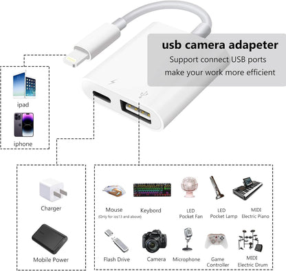 [Apple MFi Certified] Lightning to USB Camera Adapter with Charging Port for iPhone, USB 3.0 Female OTG Cable for iPad to Connect Card Reader USB Flash Drive U Disk Keyboard Mouse Hubs Midi